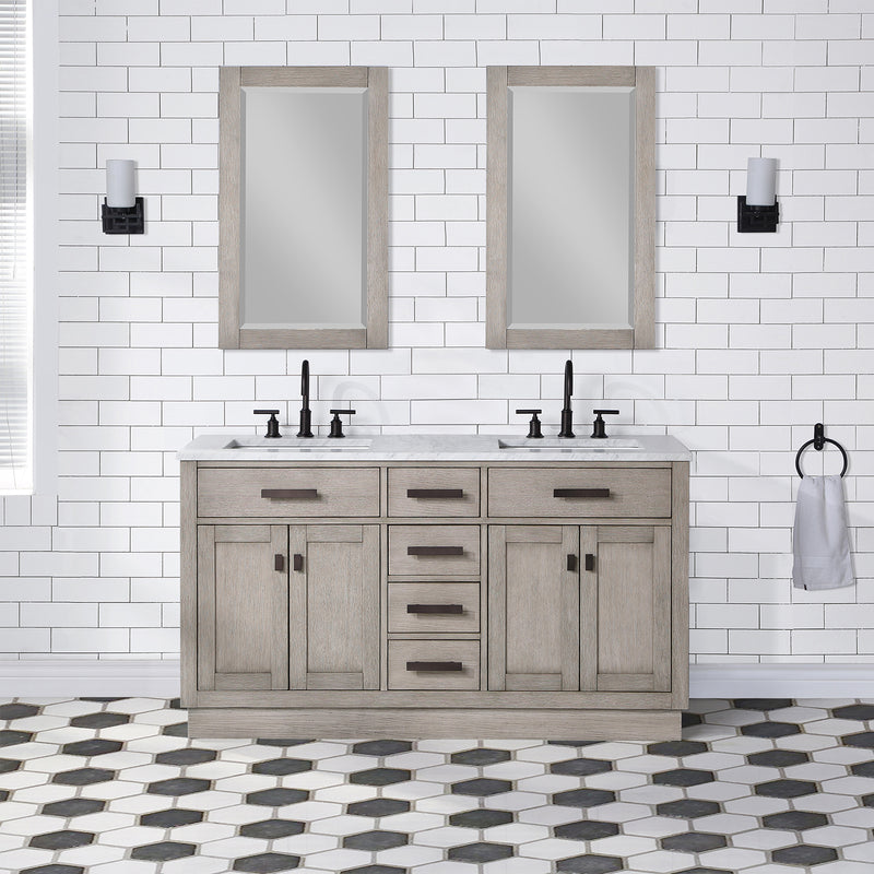 Water Creation Chestnut 60" Double Sink Carrara White Marble Countertop Vanity In Gray Oak with Mirrors CH60CW03GK-R21000000