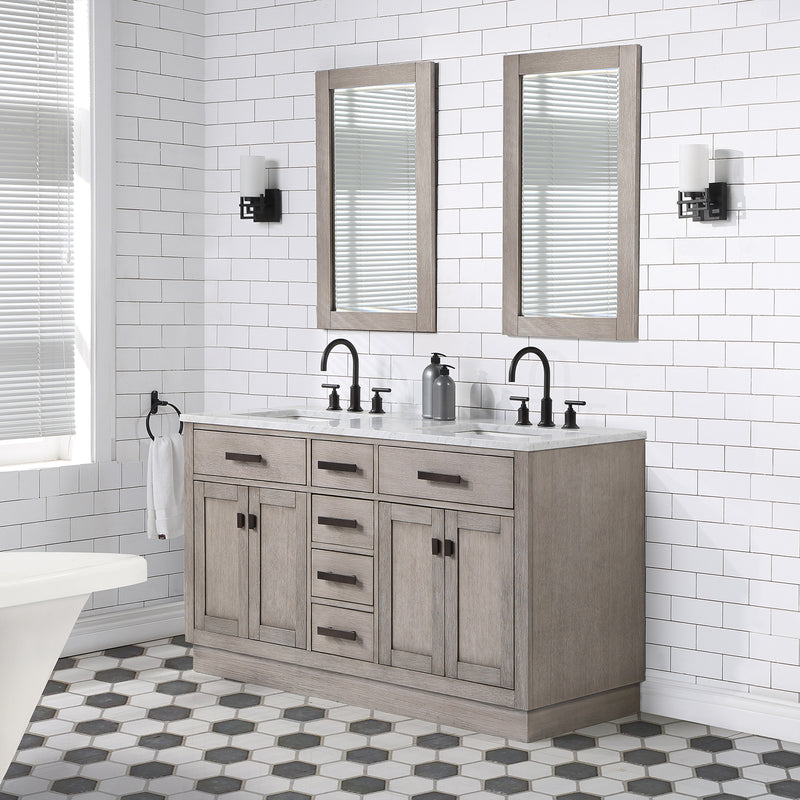 Water Creation Chestnut 60" Double Sink Carrara White Marble Countertop Vanity In Gray Oak CH60CW03GK-000000000