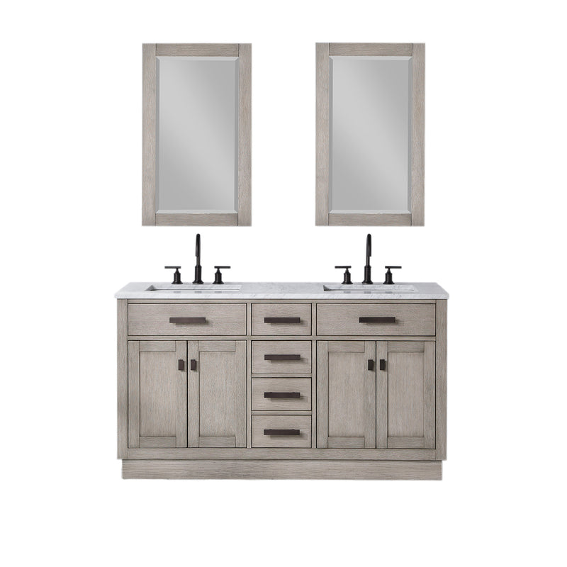 Water Creation Chestnut 60" Double Sink Carrara White Marble Countertop Vanity In Gray Oak with Grooseneck Faucets and Mirrors CH60CW03GK-R21BL1403