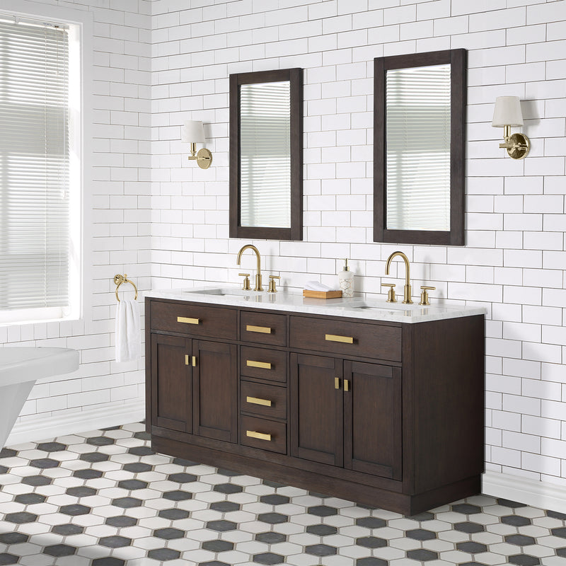 Water Creation Chestnut 72" Double Sink Carrara White Marble Countertop Vanity In Brown Oak with Grooseneck Faucets CH72CW06BK-000BL1406