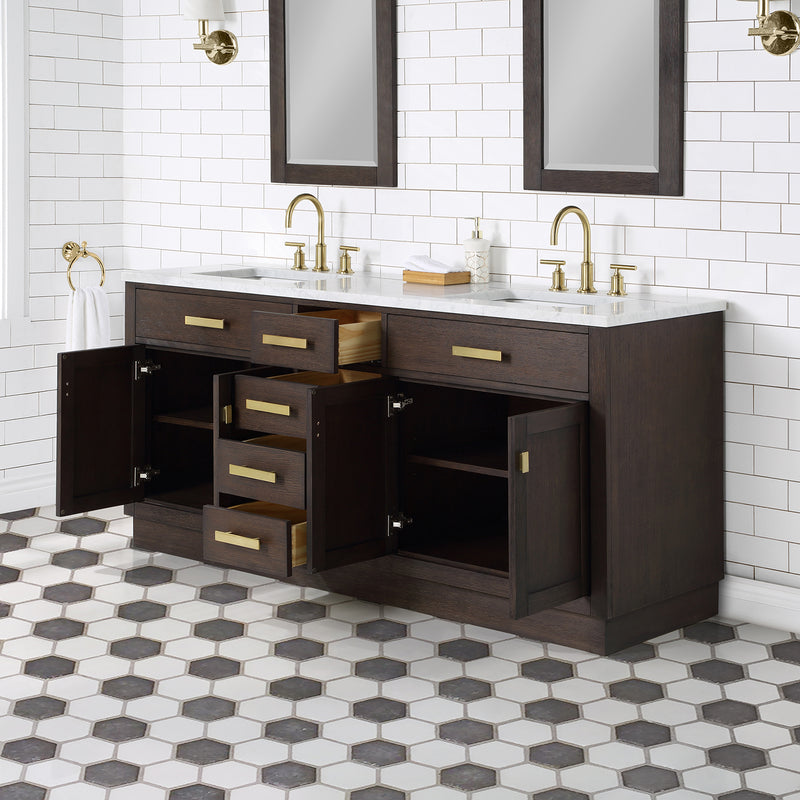 Water Creation Chestnut 72" Double Sink Carrara White Marble Countertop Vanity In Brown Oak with Grooseneck Faucets and Mirrors CH72CW06BK-R21BL1406