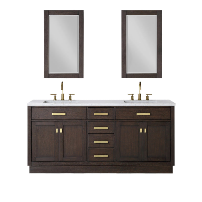 Water Creation Chestnut 72" Double Sink Carrara White Marble Countertop Vanity In Brown Oak with Grooseneck Faucets and Mirrors CH72CW06BK-R21BL1406