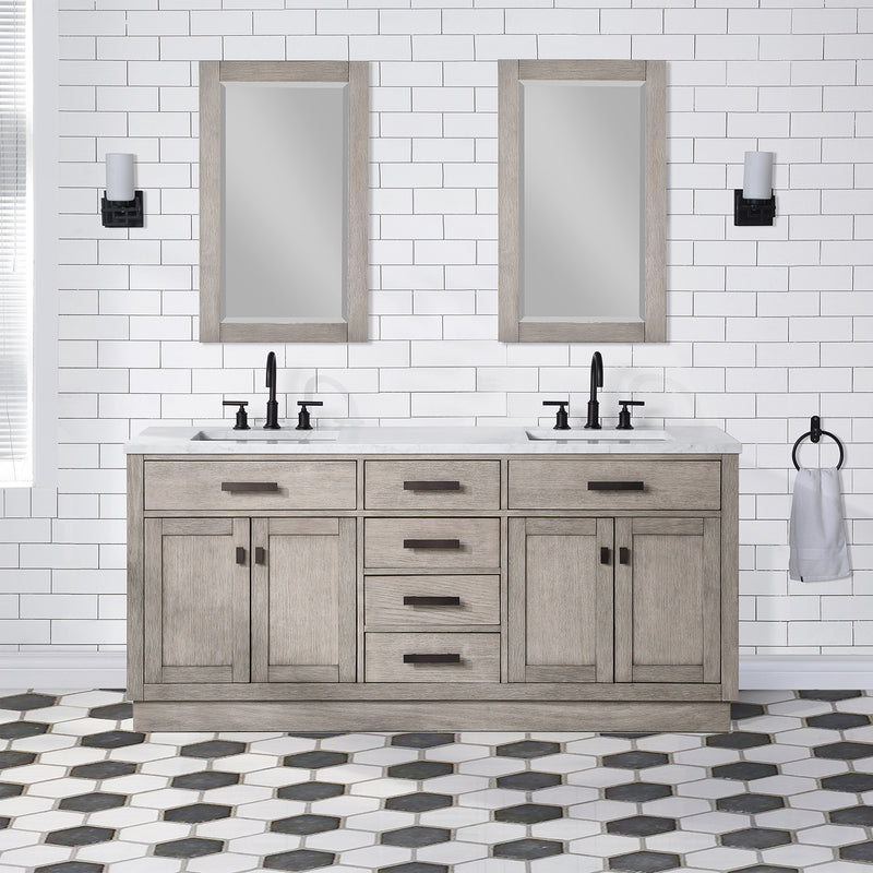 Water Creation Chestnut 72" Double Sink Carrara White Marble Countertop Vanity In Gray Oak CH72CW03GK-000000000