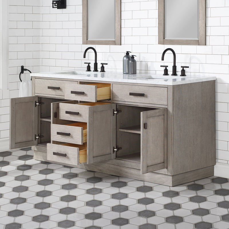 Water Creation Chestnut 72" Double Sink Carrara White Marble Countertop Vanity In Gray Oak with Mirrors CH72CW03GK-R21000000