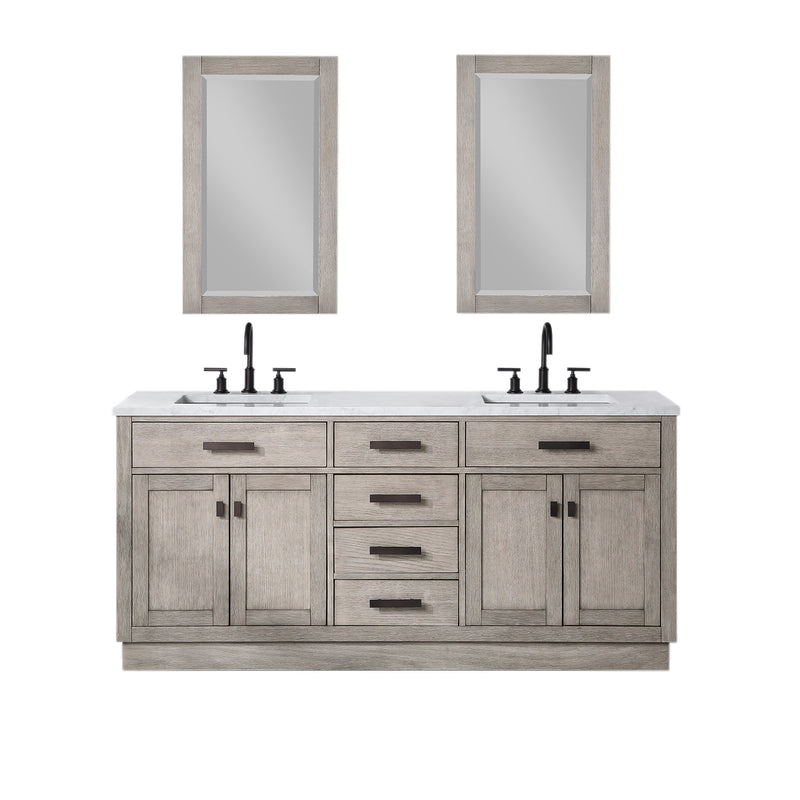 Water Creation Chestnut 72" Double Sink Carrara White Marble Countertop Vanity In Gray Oak with Mirrors CH72CW03GK-R21000000