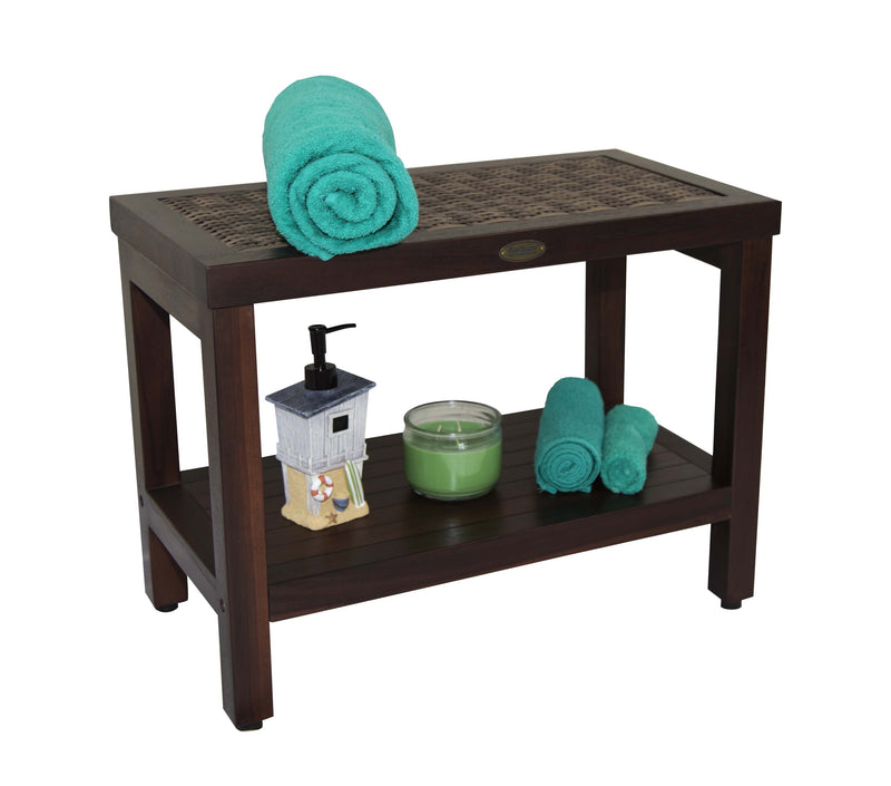 DecoTeak Eleganto 24" Teak Spa Bench with Viro Indoor or Outdoor Rattan Top and Shelf V-DT115