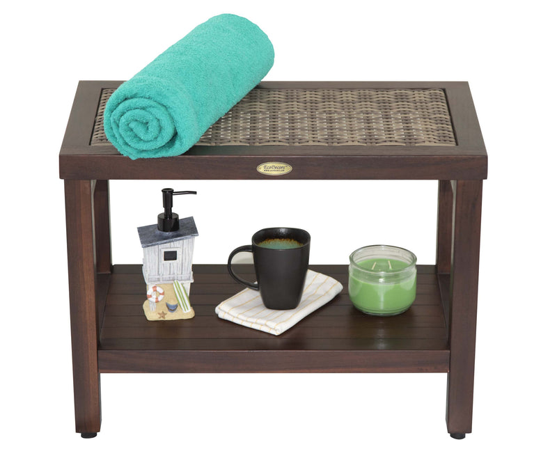 DecoTeak Eleganto 24" Teak Spa Bench with Viro Indoor or Outdoor Rattan Top and Shelf V-DT115