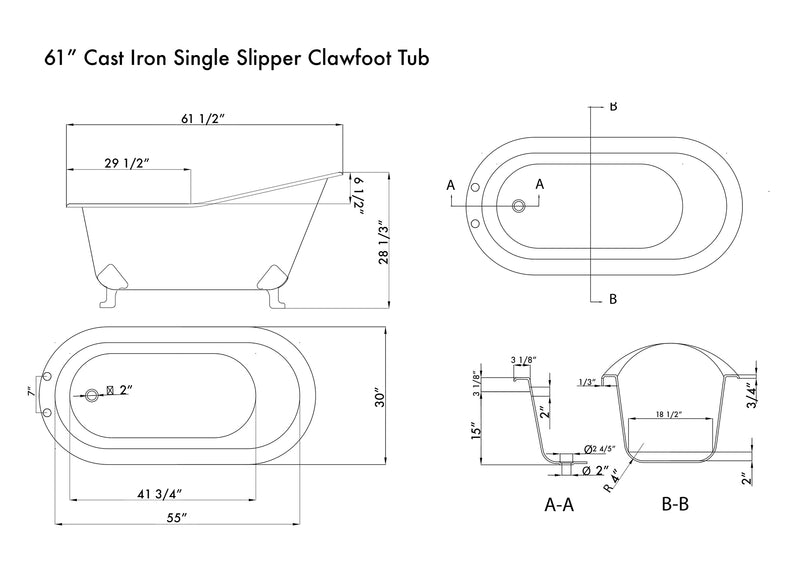 Cambridge Plumbing Cast Iron Slipper Clawfoot Tub 61" x 30" 7" Deck Mount Faucet Drill