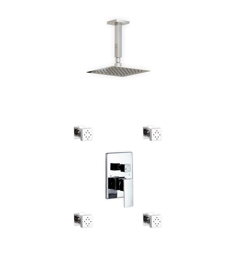 KubeBath Aqua Piazza Brass Shower Set with 8" Ceiling Mount Square Rain Shower and 4 Body Jets CR2004J2V