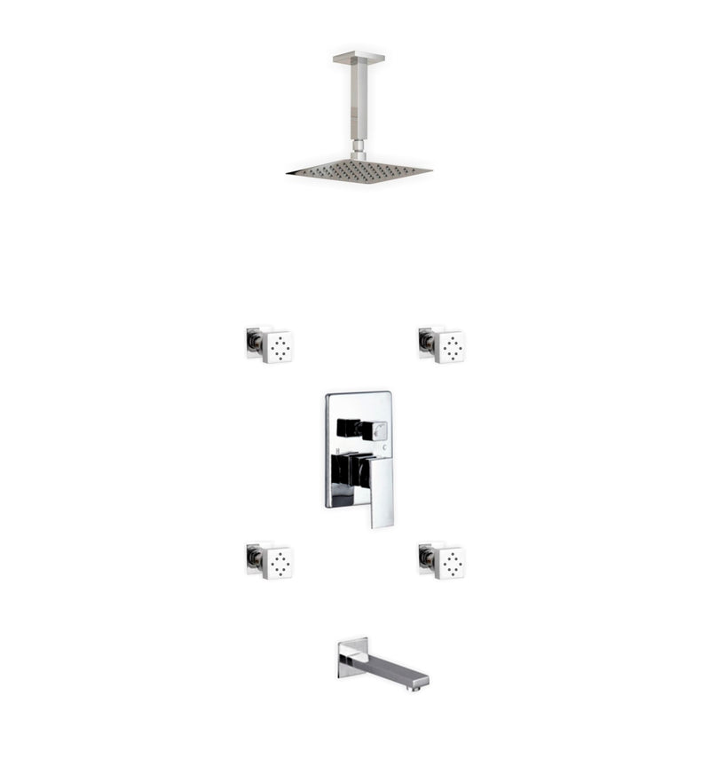 KubeBath Aqua Piazza Brass Shower Set with 8" Ceiling Mount Square Rain Shower Tub Filler and 4 Body Jets CR2004JTF3V