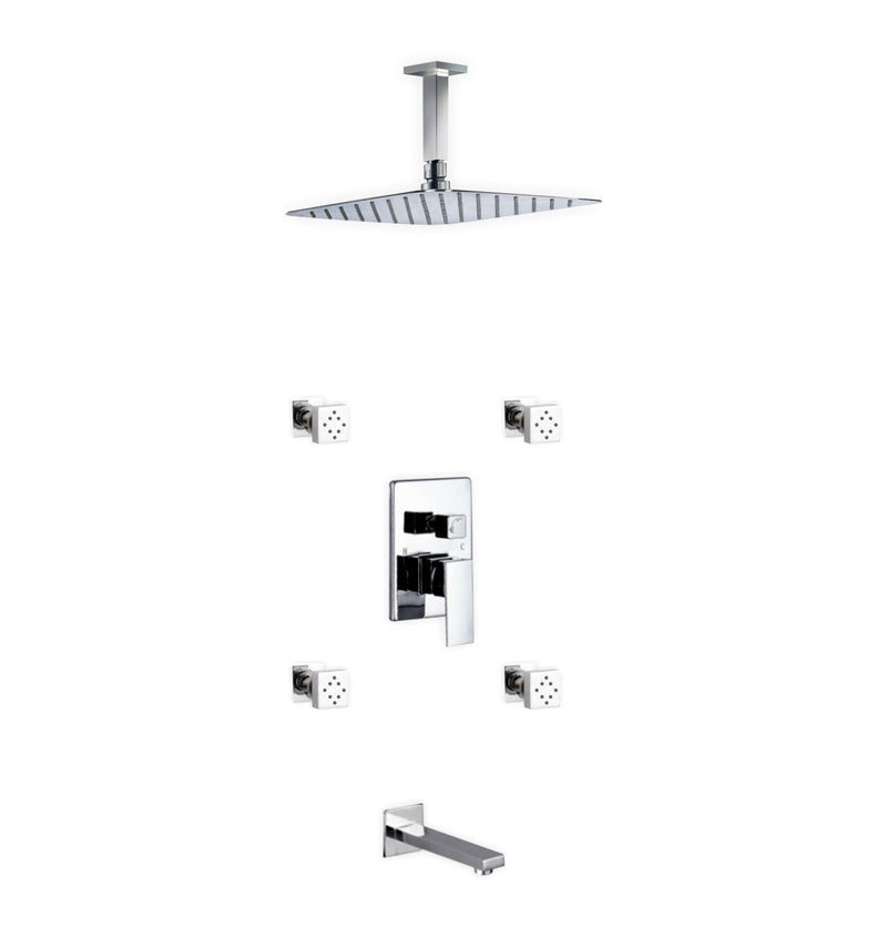 KubeBath Aqua Piazza Brass Shower Set with 12" Ceiling Mount Square Rain Shower Tub Filler and 4 Body Jets CR3004JTF3V