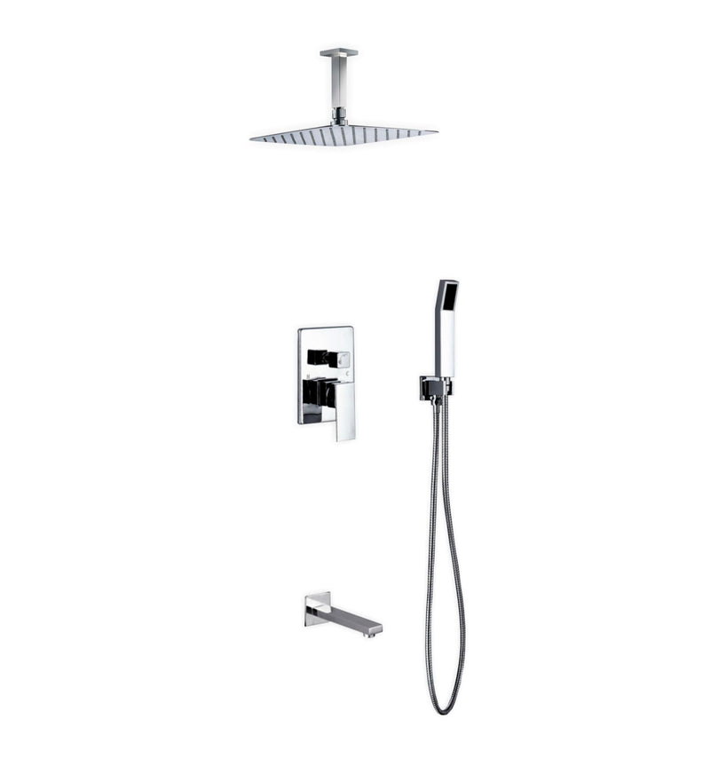 KubeBath Aqua Piazza Brass Shower Set with 12" Ceiling Mount Square Rain Shower Handheld and Tub Filler CR300HHTF3V