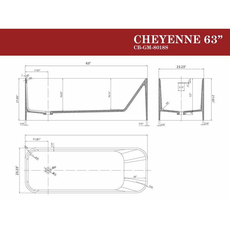 Castello USA Cheyenne Solid Surface 63" x 23" Freestanding Soaking Bathtub-Solid Surface