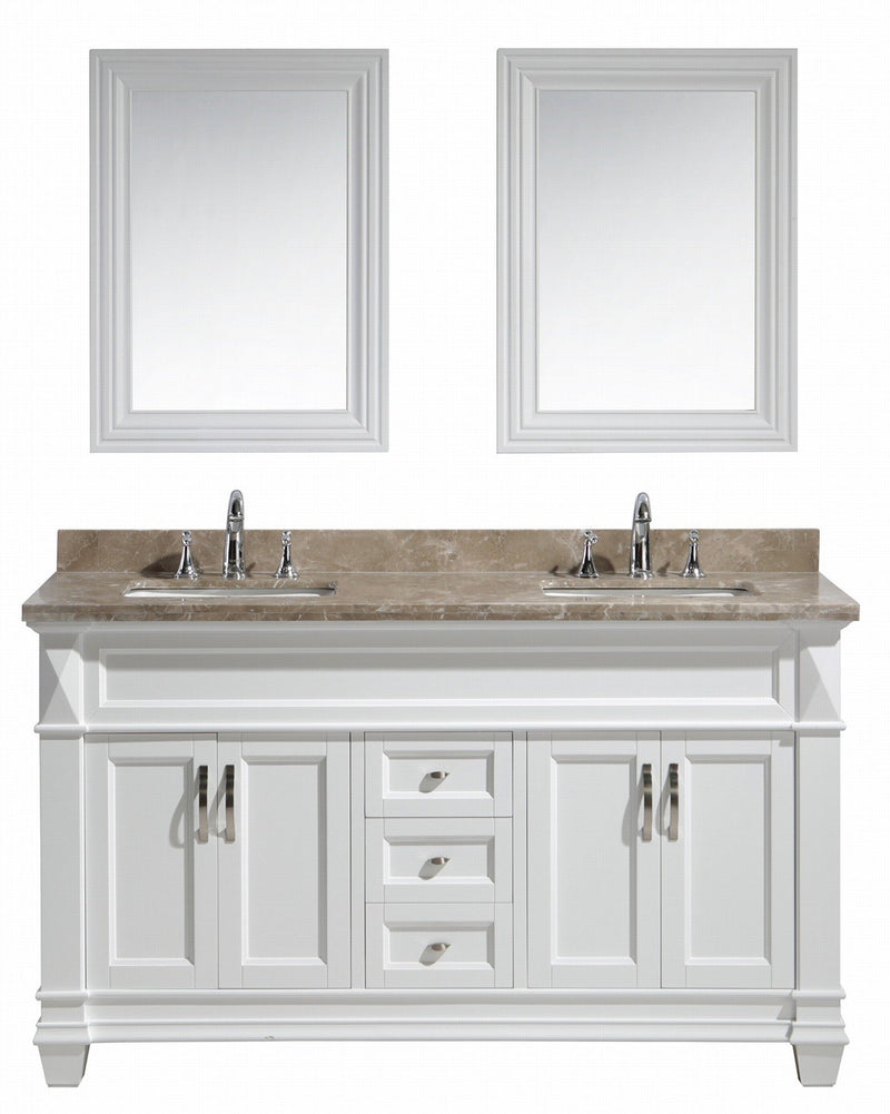 Design Element Hudson 61" Double Sink Vanity Set in White with Crema Marfil Marble Countertop