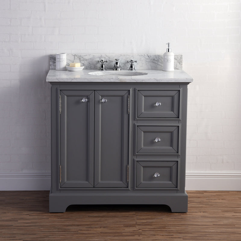 Water Creation 36" Wide Cashmere Gray Single Sink Carrara Marble Bathroom Vanity with Faucets From The Derby Collection DE36CW01CG-000BX0901