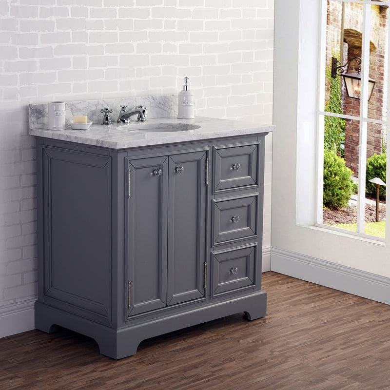 Water Creation 36" Wide Cashmere Gray Single Sink Carrara Marble Bathroom Vanity with Faucets From The Derby Collection DE36CW01CG-000BX0901