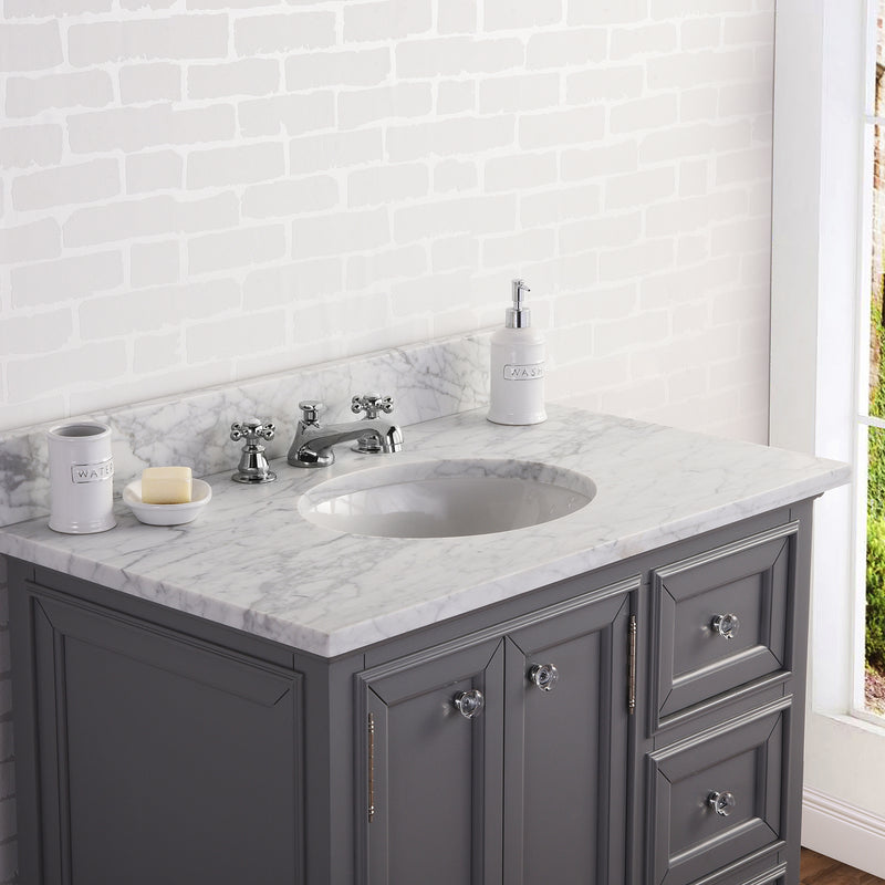 Water Creation 36" Wide Cashmere Gray Single Sink Carrara Marble Bathroom Vanity with Matching Mirror and Faucet From The Derby Collection DE36CW01CG-B24BX0901