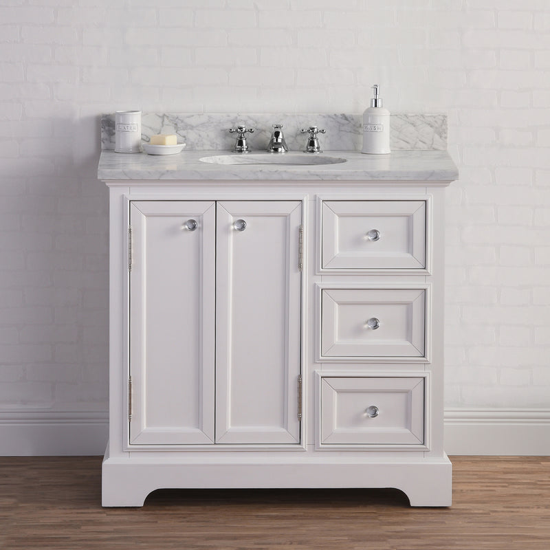 Water Creation 36" Wide Pure White Single Sink Carrara Marble Bathroom Vanity with Faucets From The Derby Collection DE36CW01PW-000BX0901