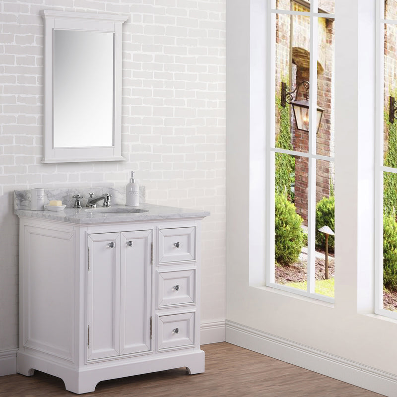 Water Creation 36" Wide Pure White Single Sink Carrara Marble Bathroom Vanity with Matching Mirror From The Derby Collection DE36CW01PW-B24000000