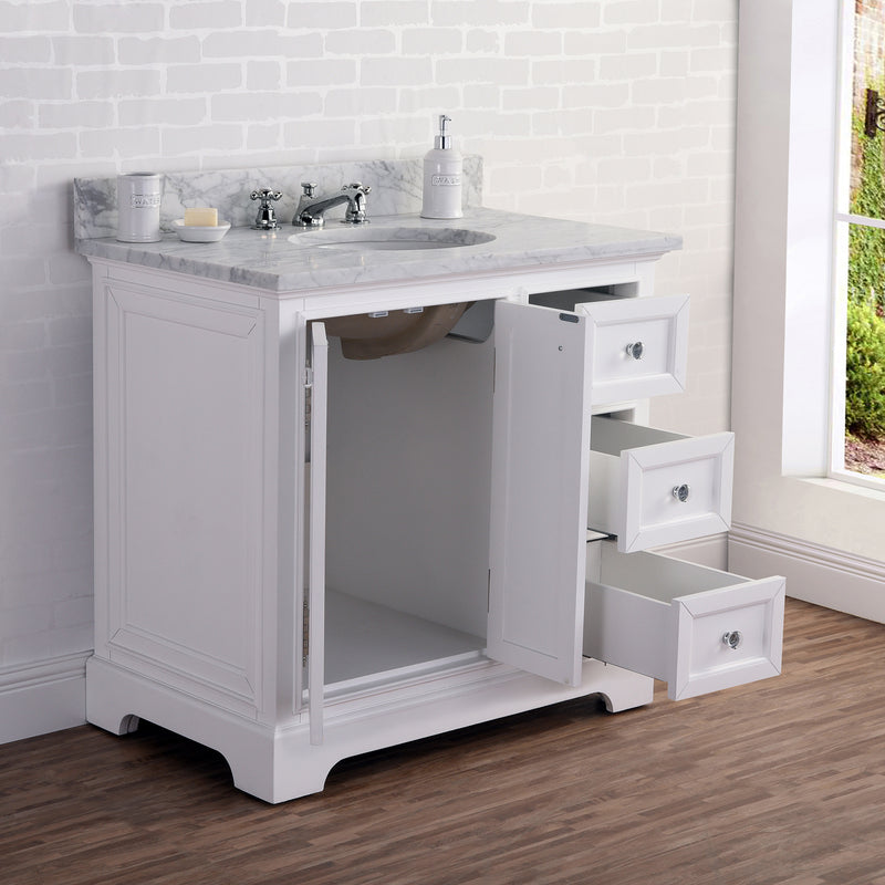 Water Creation 36" Wide Pure White Single Sink Carrara Marble Bathroom Vanity From The Derby Collection DE36CW01PW-000000000