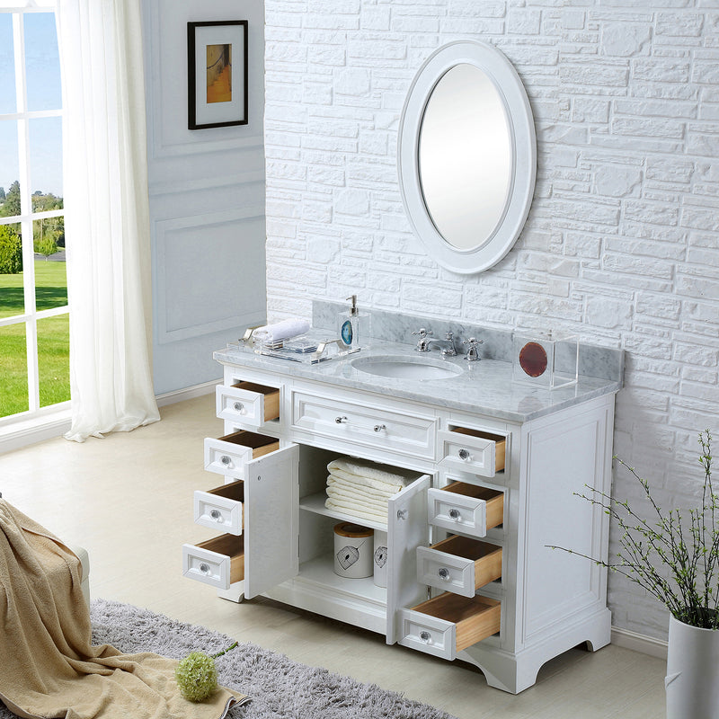 Water Creation 48" Pure White Single Sink Bathroom Vanity with Matching Framed Mirror From The Derby Collection DE48CW01PW-O24000000