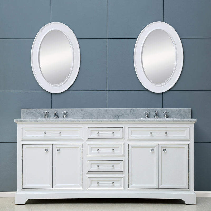 Water Creation 60" Pure White Double Sink Bathroom Vanity with Matching Framed Mirrors and Faucets From The Derby Collection DE60CW01PW-O21BX0901