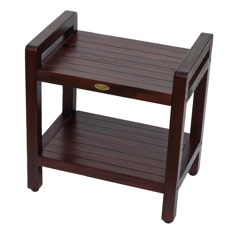 DecoTeak Eleganto 20" Ergonomic Teak Shower Stool with LiftAid Arms and Shelf