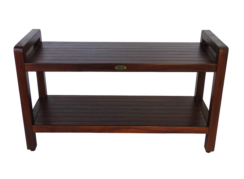 DecoTeak Eleganto 35" Extended LENGTH Ergonomic Teak Shower Stool with LiftAid Arms and Shelf