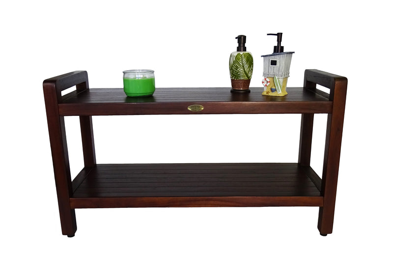 DecoTeak Eleganto 35" Extended LENGTH Ergonomic Teak Shower Stool with LiftAid Arms and Shelf