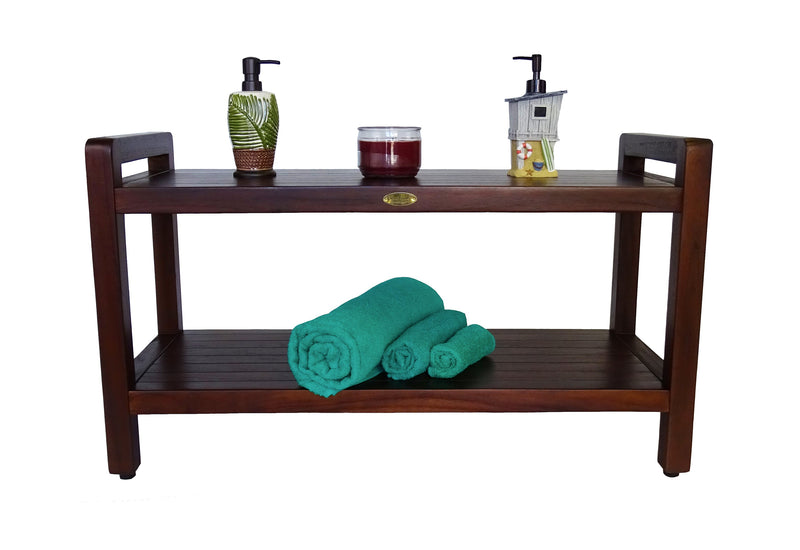 DecoTeak Eleganto 35" Extended LENGTH Ergonomic Teak Shower Stool with LiftAid Arms and Shelf