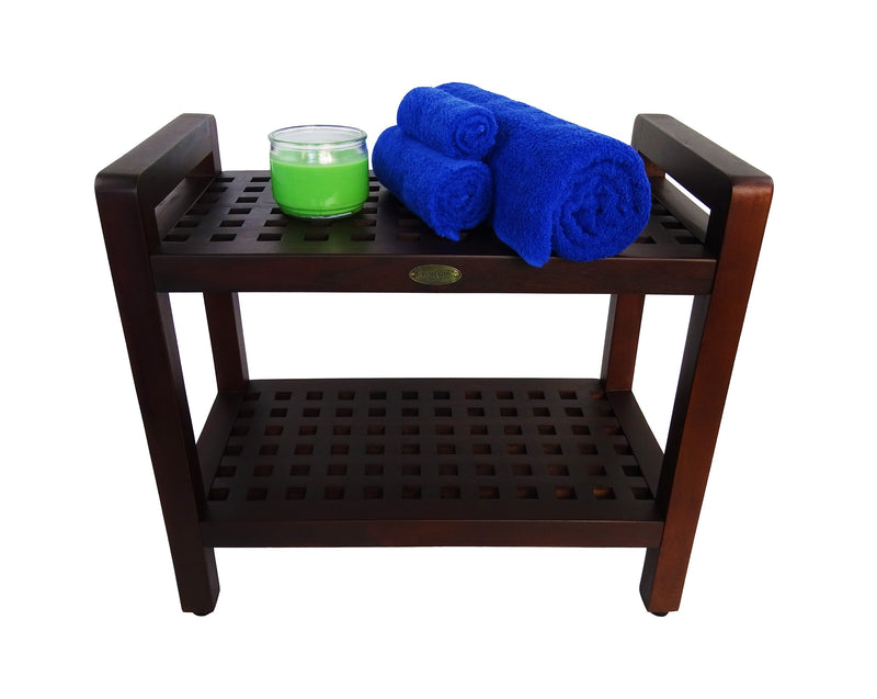 DecoTeak Espalier 24" Teak Lattice Shower Bench with Shelf and LiftAide Arms