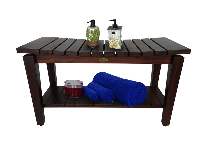 DecoTeak Sojourn 35" Contemporary Teak Eastern Style Shower Bench with Shelf