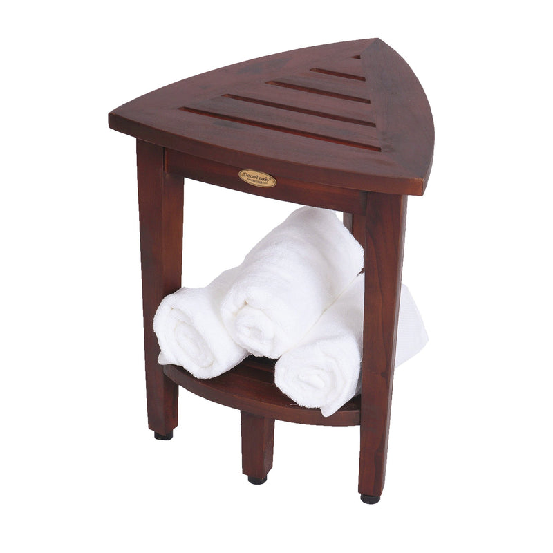 DecoTeak Oasis Compact Teak Corner Shower Bench with Shelf 18"