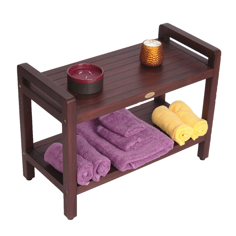 DecoTeak Eleganto 29" Extended LENGTH Ergonomic Teak Shower Stool with LiftAid Arms and Shelf