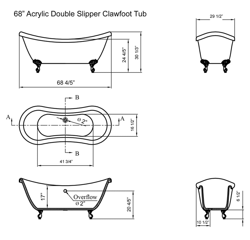 Cambridge Plumbing Acrylic Double Ended Slipper Bathtub 68" x 28" No Drillings and BRZ Feet