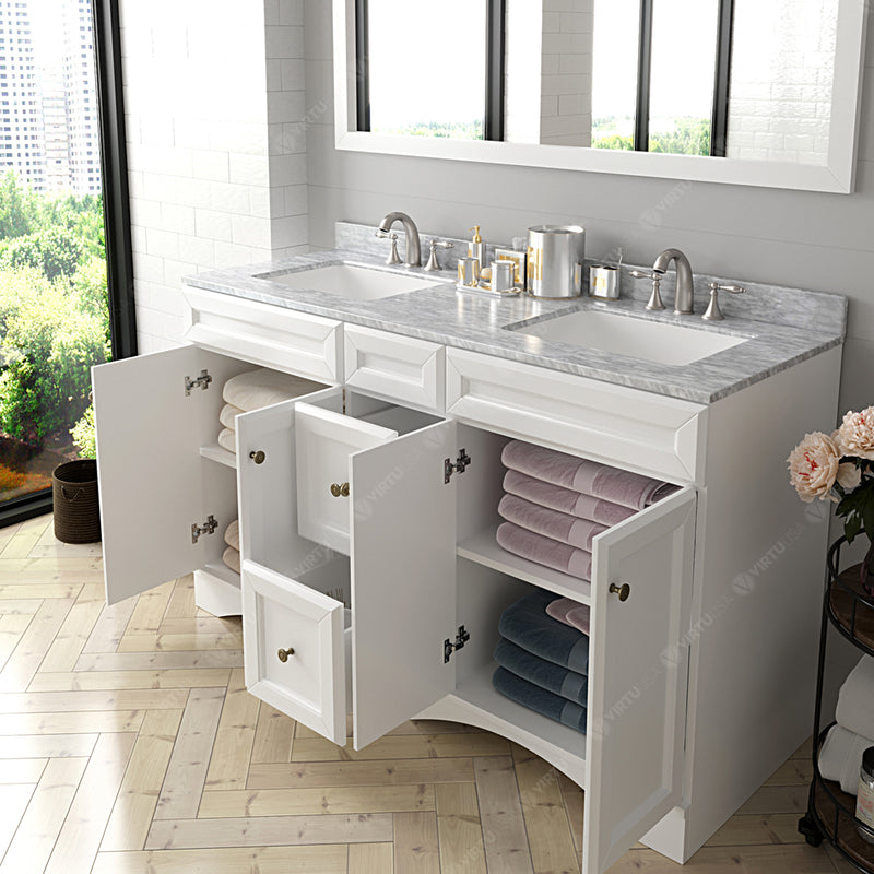 Modern Fittings Talisa 60" Double Bath Vanity with White Marble Top and Square Sinks with Faucets with Matching Mirror