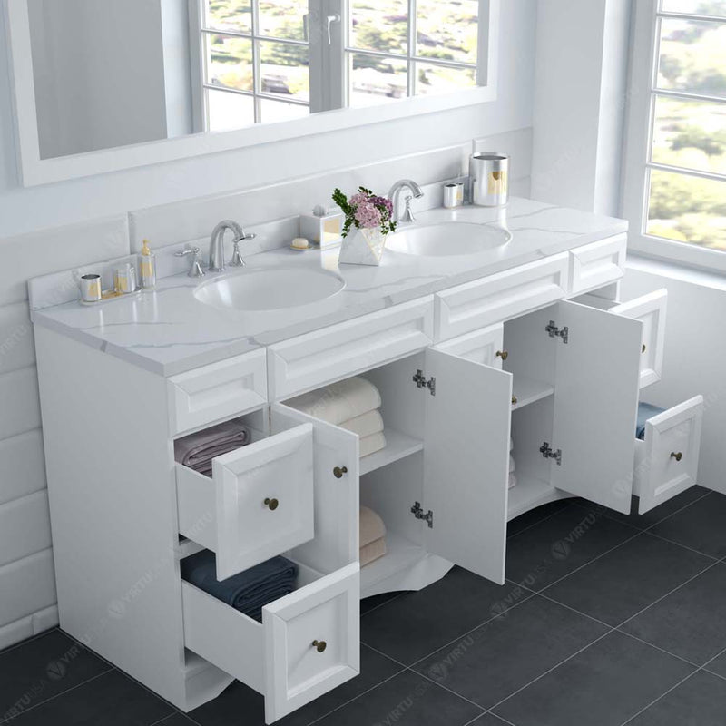 Modern Fittings Talisa 72" Double Bath Vanity with Calacatta Quartz Top and Round Sinks with Matching Mirror