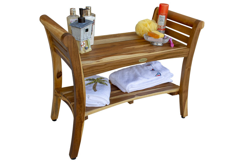 EcoDecors Symmetry 29" Teak Wood Shower Bench with Shelf and LiftAide Arms in EarthyTeak Finish ED932