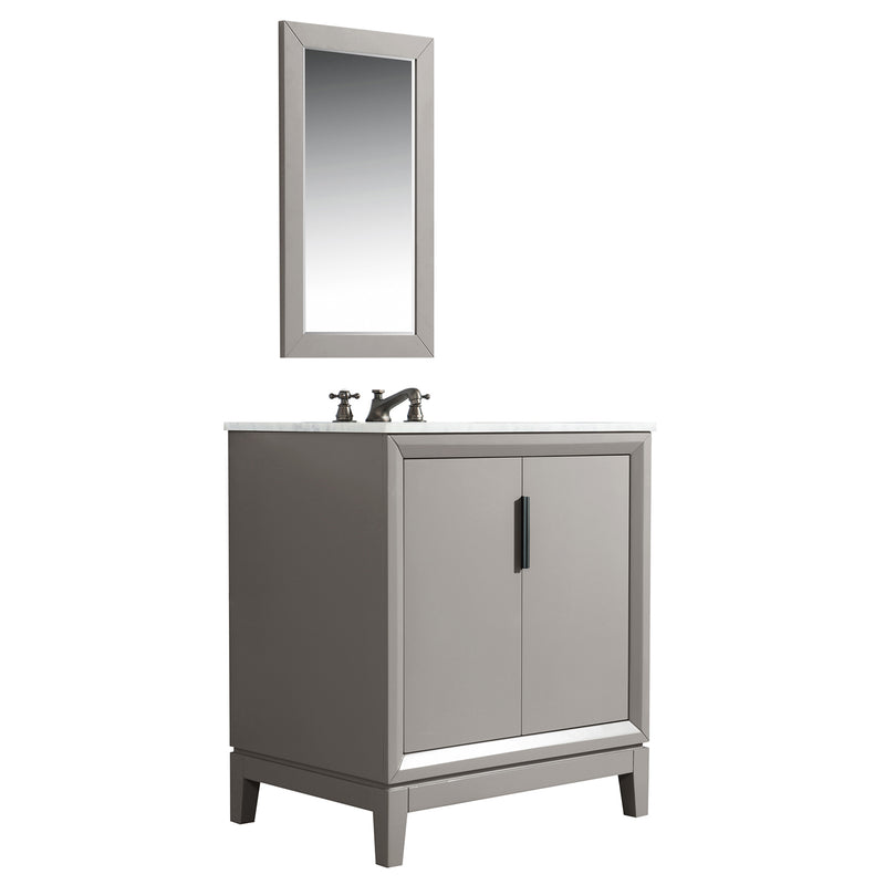 Water Creation Elizabeth 30" Single Sink Carrara White Marble Vanity In Cashmere Gray with Matching Mirror and F2-0009-03-BX Lavatory Faucet EL30CW03CG-R21BX0903