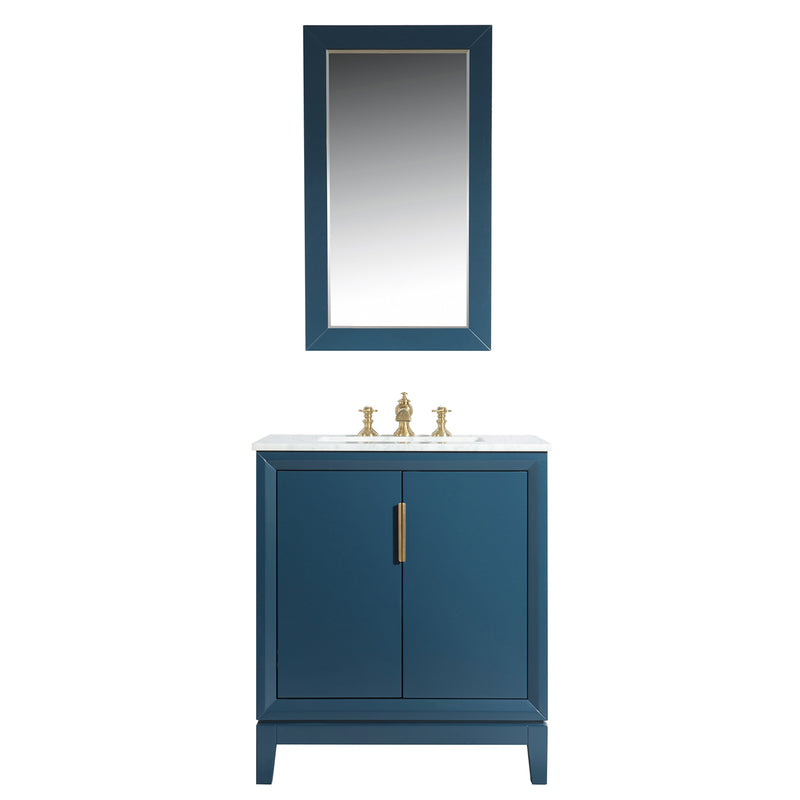 Water Creation Elizabeth 30" Single Sink Carrara White Marble Vanity In Monarch Blue with Matching Mirror and F2-0013-06-FX Lavatory Faucet EL30CW06MB-R21FX1306