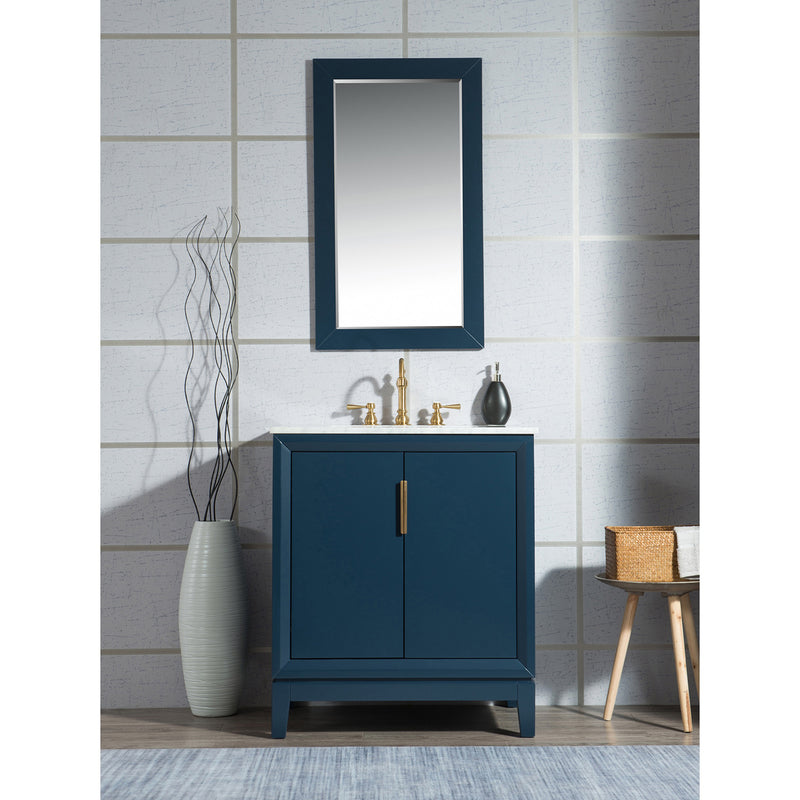 Water Creation Elizabeth 30" Single Sink Carrara White Marble Vanity In Monarch Blue with Matching Mirror EL30CW06MB-R21000000