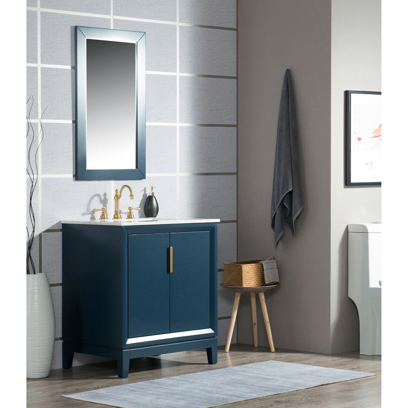 Water Creation Elizabeth 30" Single Sink Carrara White Marble Vanity In Monarch Blue with Matching Mirror and F2-0012-06-TL Lavatory Faucet EL30CW06MB-R21TL1206