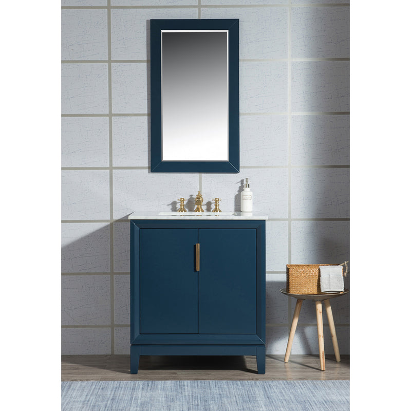 Water Creation Elizabeth 30" Single Sink Carrara White Marble Vanity In Monarch Blue with Matching Mirror and F2-0013-06-FX Lavatory Faucet EL30CW06MB-R21FX1306