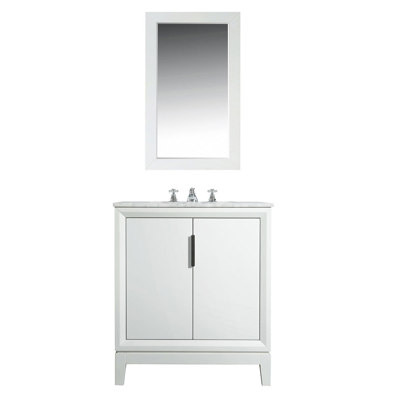 Water Creation Elizabeth 30" Single Sink Carrara White Marble Vanity In Pure White with Matching Mirror and F2-0009-01-BX Lavatory Faucet EL30CW01PW-R21BX0901