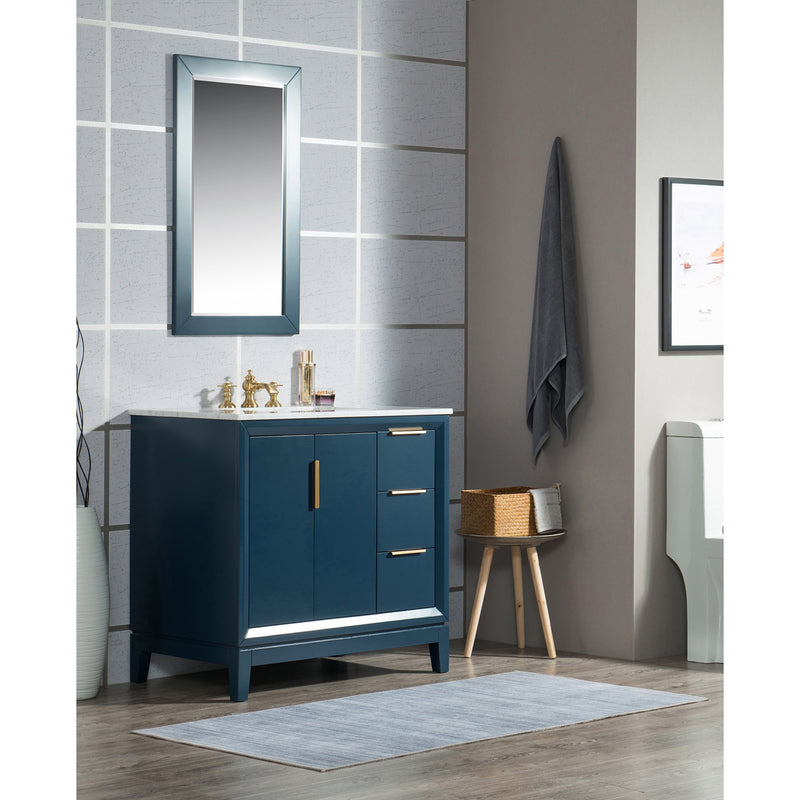 Water Creation Elizabeth 36" Single Sink Carrara White Marble Vanity In Monarch Blue with Matching Mirror and F2-0013-06-FX Lavatory Faucet EL36CW06MB-R21FX1306