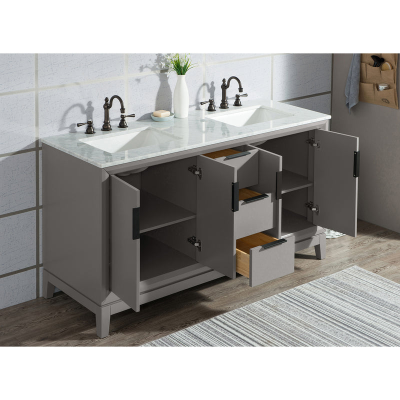 Water Creation Elizabeth 60" Double Sink Carrara White Marble Vanity In Cashmere Gray with Matching Mirror and F2-0012-03-TL Lavatory Faucet EL60CW03CG-R21TL1203