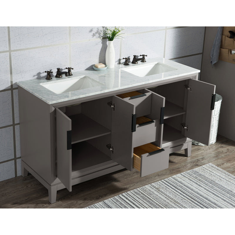 Water Creation Elizabeth 60" Double Sink Carrara White Marble Vanity In Cashmere Gray with Matching Mirror and F2-0009-03-BX Lavatory Faucet EL60CW03CG-R21BX0903