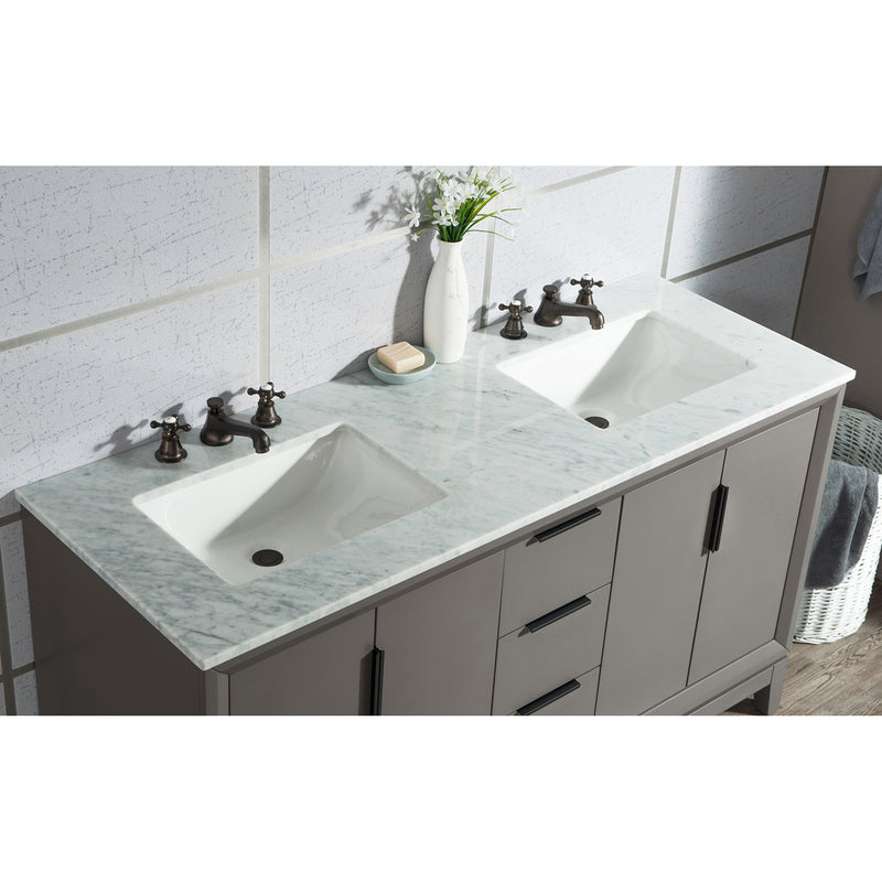 Water Creation Elizabeth 60" Double Sink Carrara White Marble Vanity In Cashmere Gray with Matching Mirror EL60CW03CG-R21000000