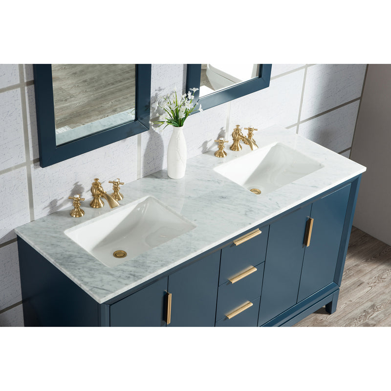 Water Creation Elizabeth 60" Double Sink Carrara White Marble Vanity In Monarch Blue with F2-0013-06-FX Lavatory Faucet EL60CW06MB-000FX1306