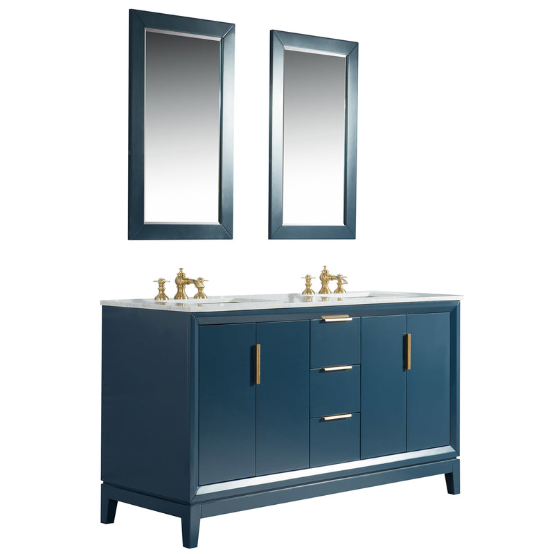 Water Creation Elizabeth 60" Double Sink Carrara White Marble Vanity In Monarch Blue with Matching Mirror and F2-0013-06-FX Lavatory Faucet EL60CW06MB-R21FX1306